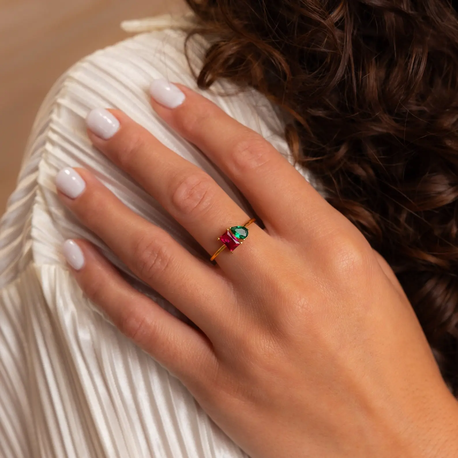 【OGDA】Emerald & Pear Cut Birthstone Ring by Caitlyn Minimalist • Custom Toi et Moi Gemstone Ring • Vintage Jewelry • Perfect Couples Gift