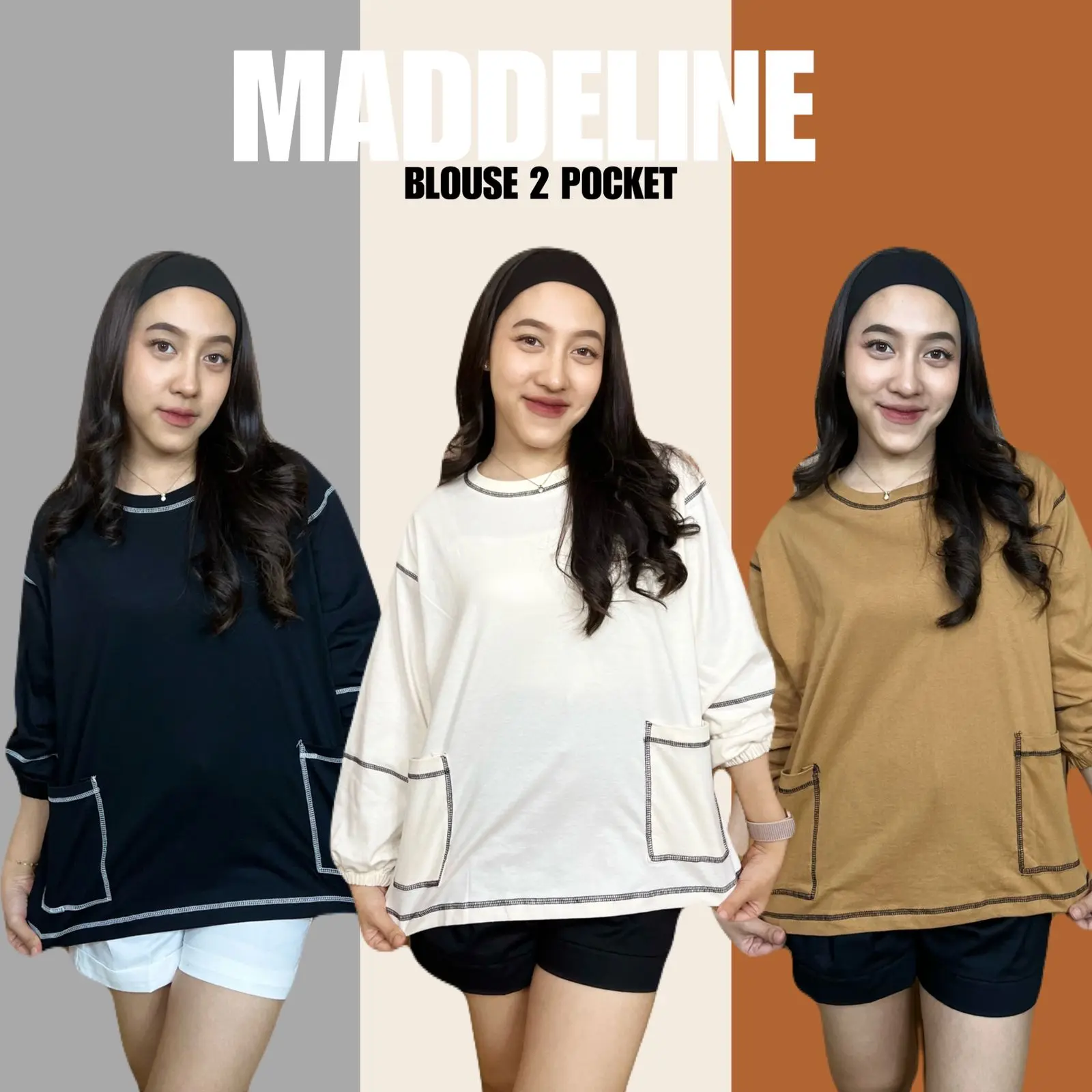 MADDELINE BLOUSE TWO POCKET KAOS ATASAN WANITA KAOS OVERSIZE COTTON COMBED 24S BY UMMI ALI