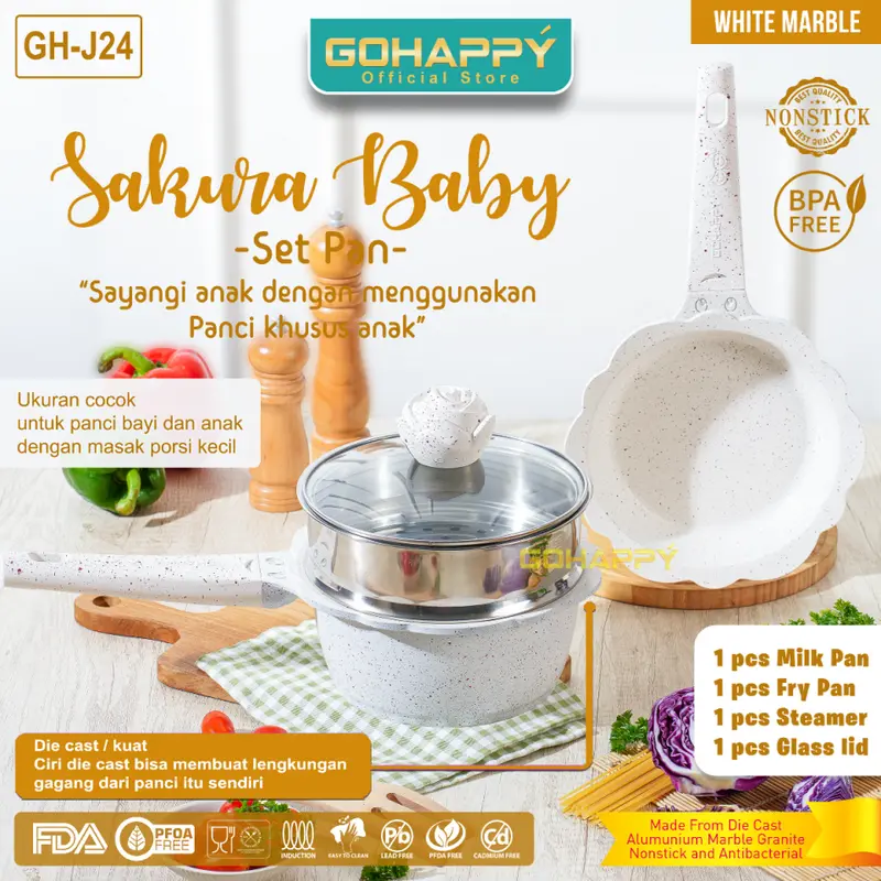 PANCI SET MAYBA BABY PAN 4 pcs Perlengkapan bayi Kids | Peralatan Wajan masak anak diatas bolde | Cream Frying Milk pan steamer lavender merah Pink Black 7