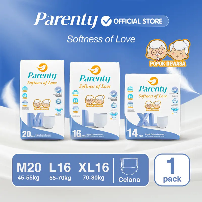 [1 PACK] PARENTY Adult Pants Soft Diapers Middle Flow Size M20/L16/XL14 - Kemasan JUMBO Baru Popok Celana Dewasa Lembut Menyerap Cepat Popok orang tua