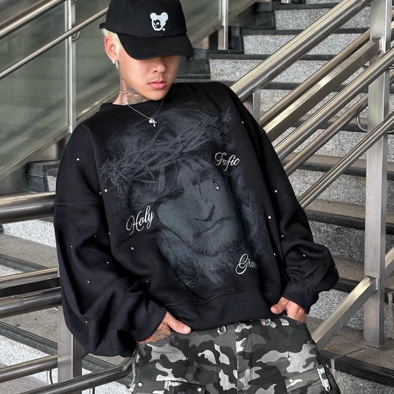  Áo Sweater KING CRY ĐÍNH ĐÁ hooodie Nỉ BÔNG FROM rộng 380gms Dáng Boxy Nam Nữ Unisex FAFIC STUDIO 