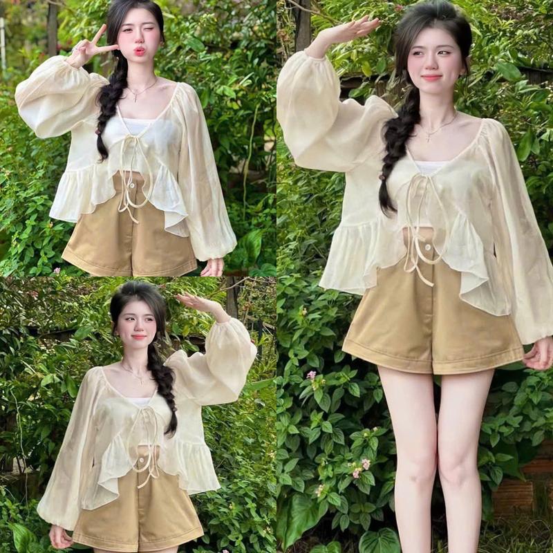 Set bộ nữ 3 món áo tơ ánh kim cổ V cộc dây nơ kèm lót trong kèm quần đùi tuyết mưa ngắn xinh xắn dành cho các nàng diện đi chơi đi tiệc.WOMEN TOP