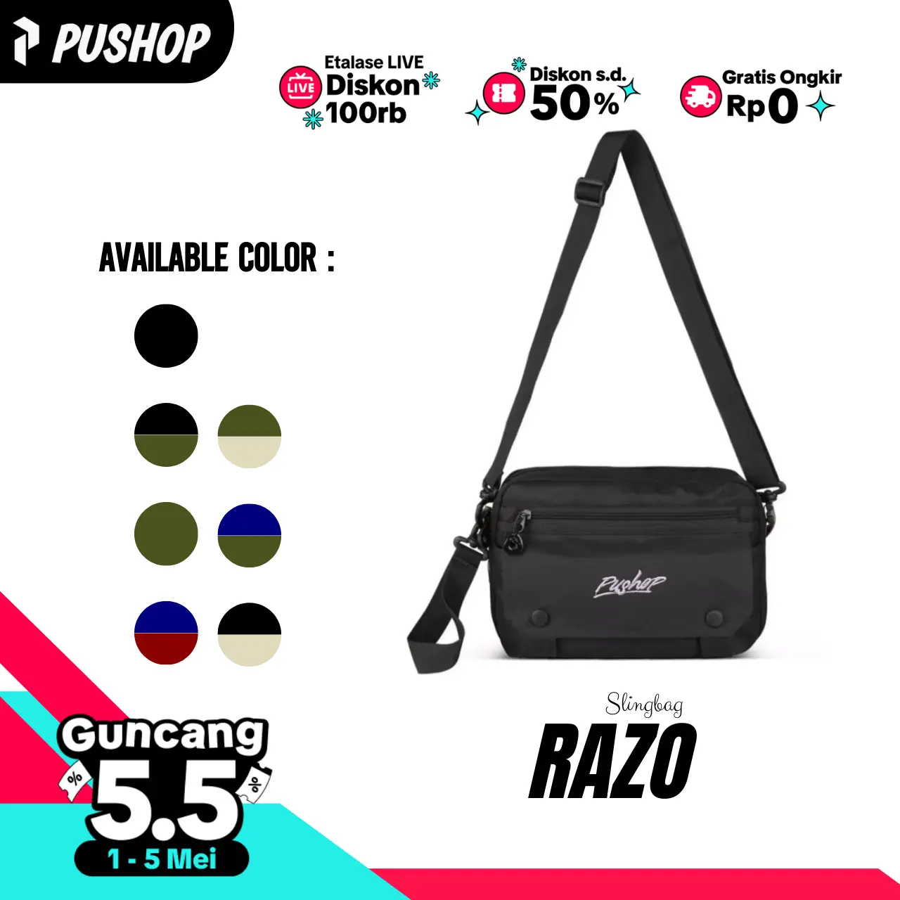PUSHOP Tas Selempang Pria Wanita RAZO - Slingbag 2 in 1 Bisa Handbag dan Pouchbag Tas Tangan Cowok Casual Hand Bag Kanvas Polos Kombinasi Warna