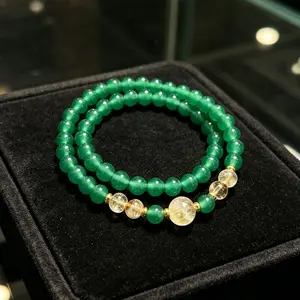 SL—112 Gelang Hijau Giok Double Lapis Kristal Kuning, Aksesoris Elegan Gaya Oriental