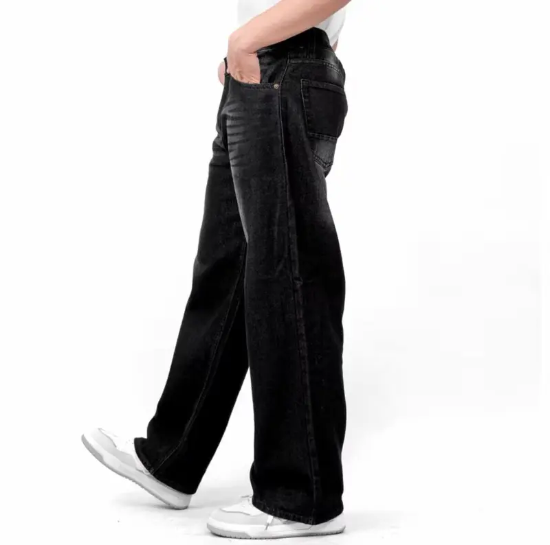 Celana Jeans Wide Leg Wisker Lebar Gombrong Skena Black Wisker pria loose Straight fit jumbo big keren Bahan Denim Nyaman Oversize Panjang Slim Santai Dark Casual Hitam 4