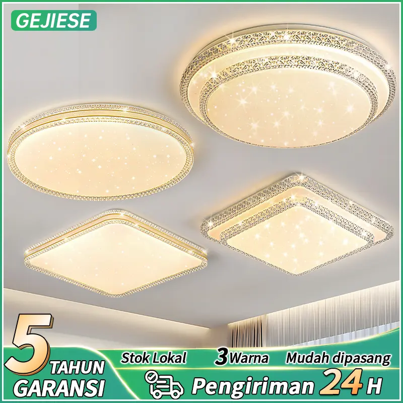 GOGEOUS Lampu Plafon Kristal Dua Lapisa 36/48W Dapat Diredupkan Lampu Ruang Tamu 3 Warna Lampu Hias led gantung