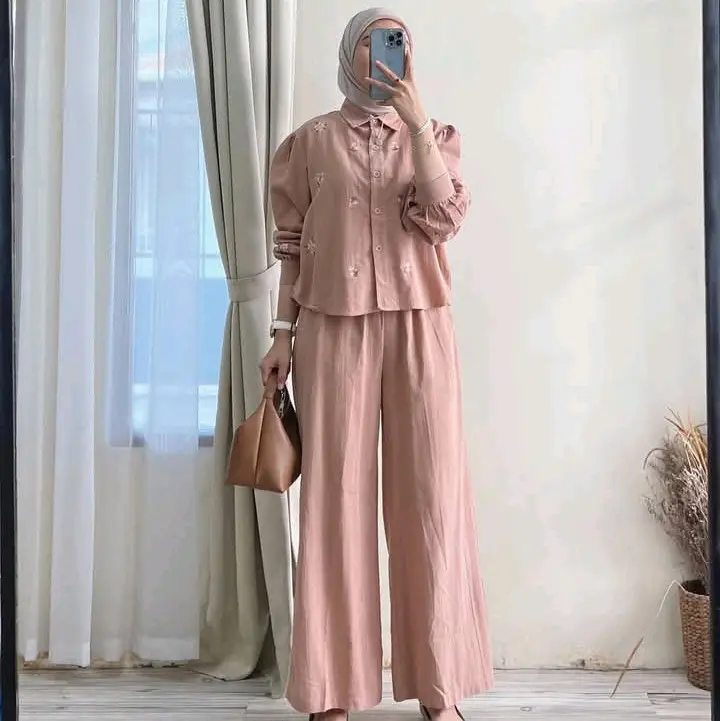 Set Cel Linen Bordir/ Set Cel Import Celana Kulot Setelan Wanita Dewasa