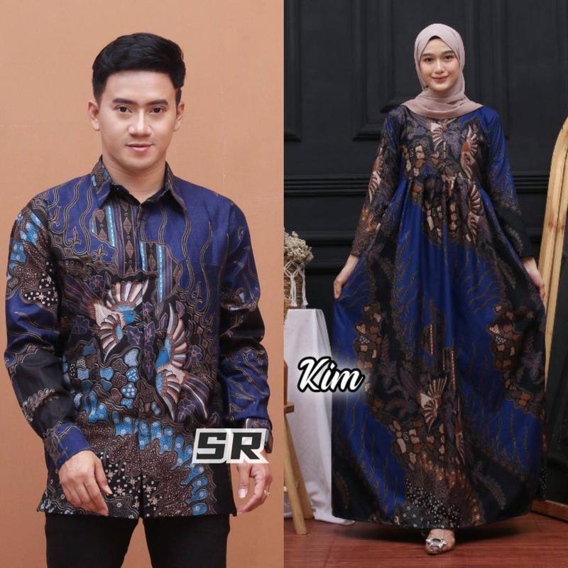 Baju Batik Couple Modern - Sarimbit Batik Kondangan Kekinian - Couple Gamis Batik dan Kemeja Polyester Dewasa Katun Motif Muslim Panjang Pasangan Dress Keluarga Seragam Kombinasi 2