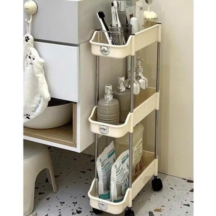 Kệ Nhựa 3 Tầng Để Góc Hẹp Logo Gấu và Kệ Nhựa Để Chai Lọ 3 Tầng Có Bánh Xe