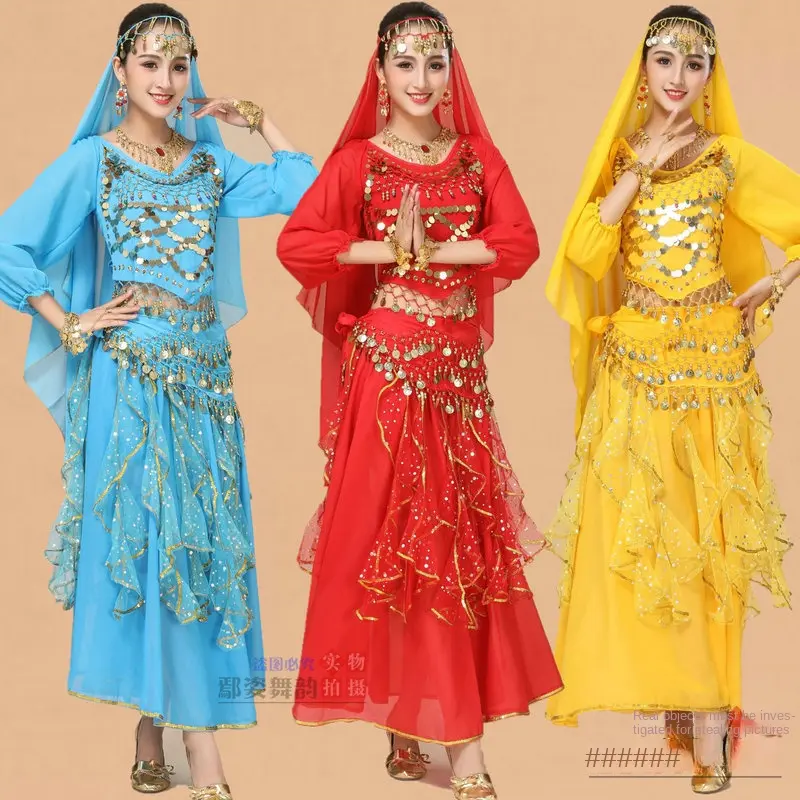 Indian Dance Costume Adult Female Belly Dance Performance Costume New Style Ethnic Stage Performance Costume Long Sleeve Skirt Womenswear Accessory