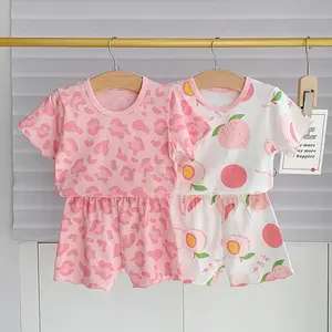 BOBOHO - Setelan Anak Perempuan Sutra Es Musim Panas / Baju Setelan Anak Perempuan Motif / Baju Rumah Lengan Pendek Modis Musim Panas Fashion