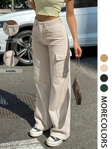 Pantalones cargo sencillos para mujer con bolsillo con solapa, pantalones casuales de pierna recta estilo retro para uso diario, pantalones para damas para primavera y otoño, pantalones holgados tipo leggings, pantalones de mujer
