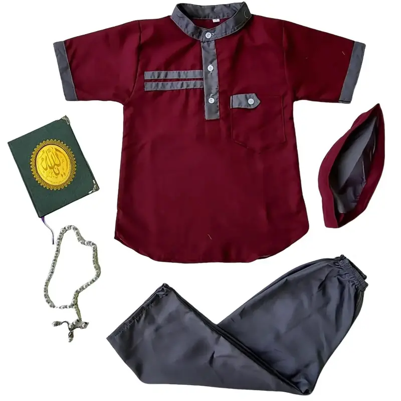 setelan baju koko anak laki-laki lengan pendek Katun Polos Kancing Muslim Peci Turki Kurta Nyaman 0