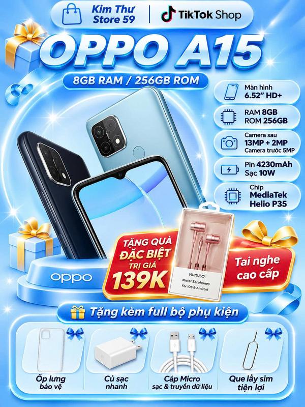 Điện Thoại OPPO A15 8GB/256GB – Giá Tốt Tiết Kiệm, Màn Hình Rộng 6.52 Inch, Camera Chụp Ảnh Đẹp, Pin 4230mAh Bền Bỉ, Bảo Hành 12 Tháng, Tặng Kèm Bộ Sạc + Ốp Lưng + Que Chọc SIM, Hỗ Trợ Giao Hàng Toàn Quốc