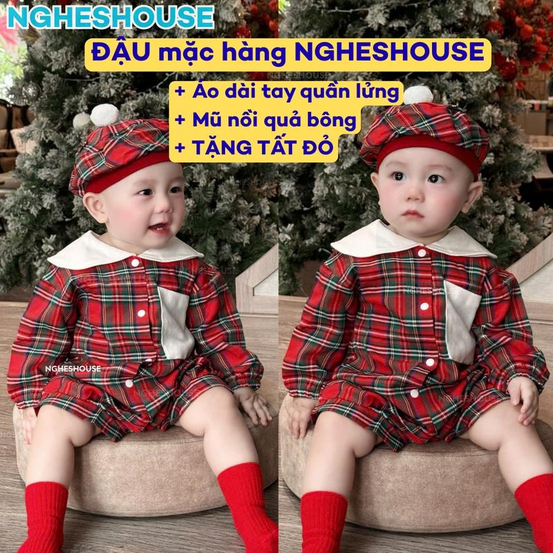   TẶNG TẤT ĐỎ  Suit Caro TẾT Đỏ Phối Cổ Trắng Tặng Mũ Cục Bông Mềm Mịn Thoáng Mát Dành Cho Bé Trai Bé Gái 