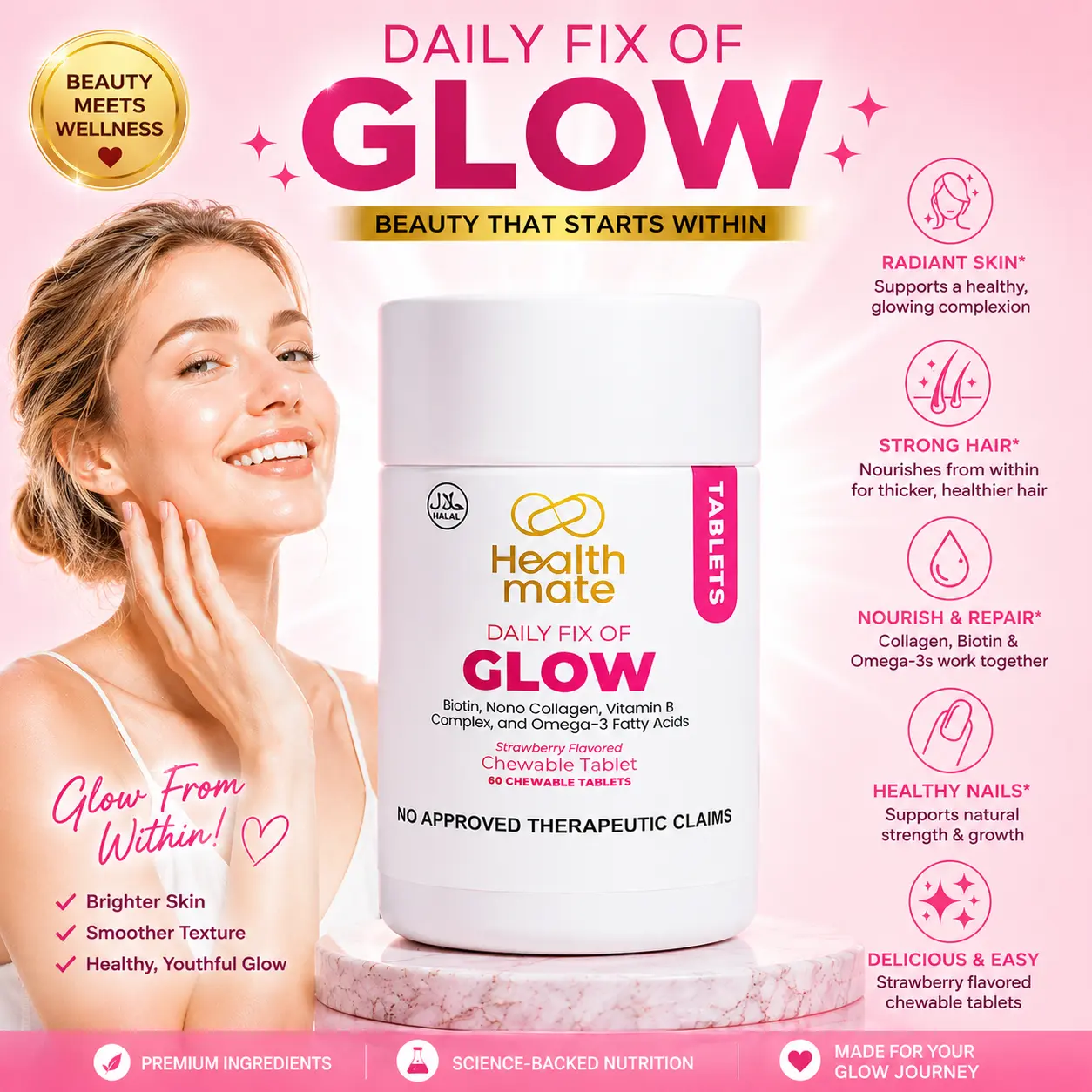 Healthmate GLOW Biotin Nano Collagen Vitamin B Complex & Omega Strawberry  Flavor 60 Chewable Tablets Anti-inflammatory, lightening marks, nourishing  skin - TikTok Shop Philippines