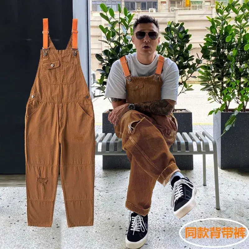 suspender trousers  jumpsuit casual overalls  loose jeans straight leg rompers for men and women Japanese style  suspenders Ripped jeans Pants Brown Menswear Beige Plain
