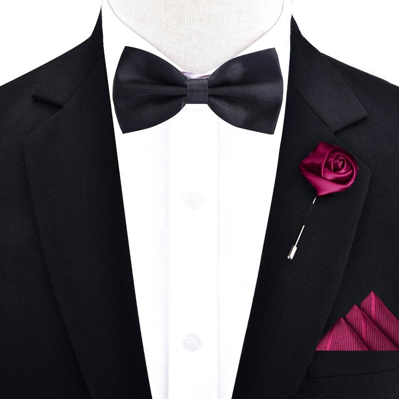 Product Introduction of Groom's Wedding Tie Pocket Scarf Square Scarf Chest Needle Breast Flower Three piece Set Red Bow Men's Black Gentleman 8