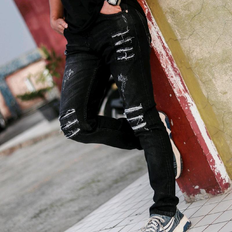 Celana jeans sobek pria black Panther XO21 / celana jeans panjang pria sobek Denim Slim Ripped Hitam Nyaman Slimfit Skinny Stretch Melar 7