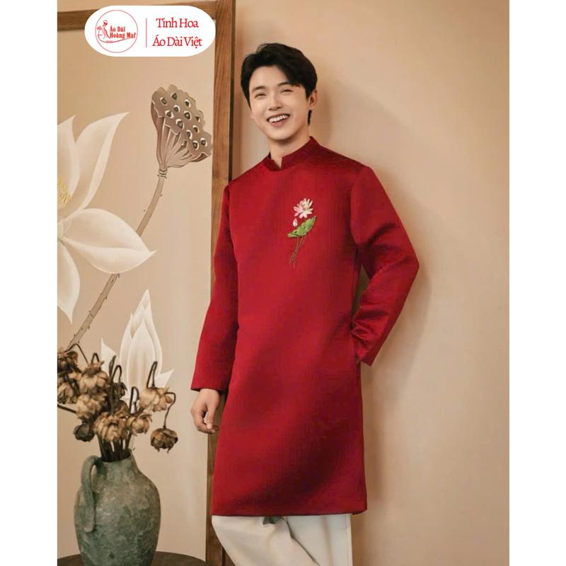  Áo dài cách tân Nam thêu hoa sen ruy băng vải tuyết mưa cao cấp- Mặc Tết Đi Lễ Chụp Ảnh Cưới Hỏi - Áo Dài Hoàng Mai 