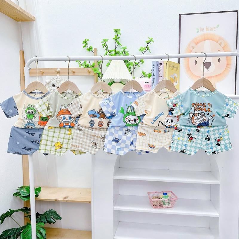 (11)Combo 5 bộ CỘC TAY chất liệu thun tăm lạnh hoạ tiết hoạt hình phối caro hoạ tiết LABUBU dễ thương cho bé trai bé gái bososinh đồ bộ gân