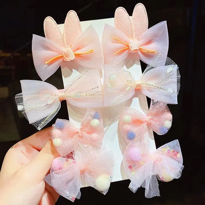 Kẹp Tóc Nơ Lưới Cho Bé Gái, 8 Cái / bộ, Kẹp Tóc Ren Ngọt Ngào, Tai Thỏ, Kẹp Tóc Công Chúa 4