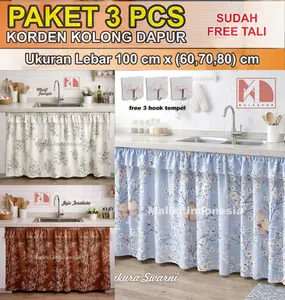 Promo 3 pcs Gorden Kolong Dapur Aestetik  Free tali dan 2 hook tempel Hordeng tutupkolongdapur Curtain