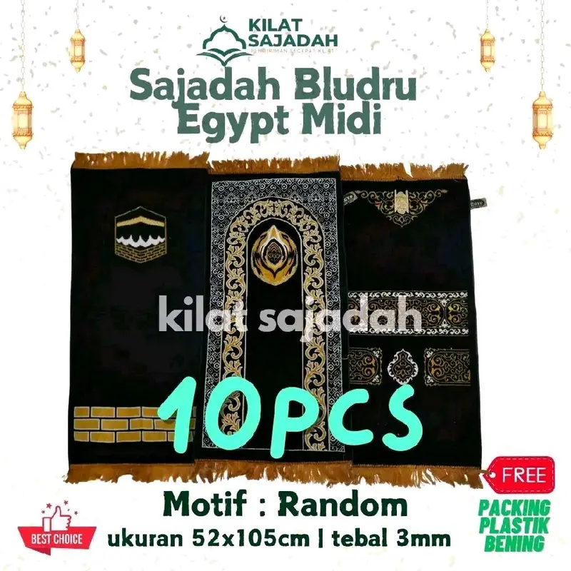10pcs Sajadah Bludru Egypt Midi Motif Kiswah Hitam Midi ukuran 52 x 105 cm Lembut Nyaman 0
