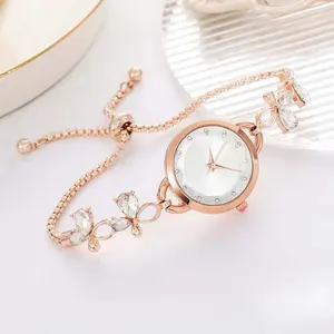 Jam Tangan Gelang Tali Baja Tali Serut Berlian Jam Tangan Kuarsa Wanita Dial Kecil Yang Dapat Disesuaikan