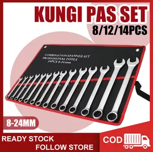 Kunci Ring Pas 14 pcs 8-24mm Harga murah barang berkualitas Original Spanner set Full Set Kunci Ring Pas Perkakas