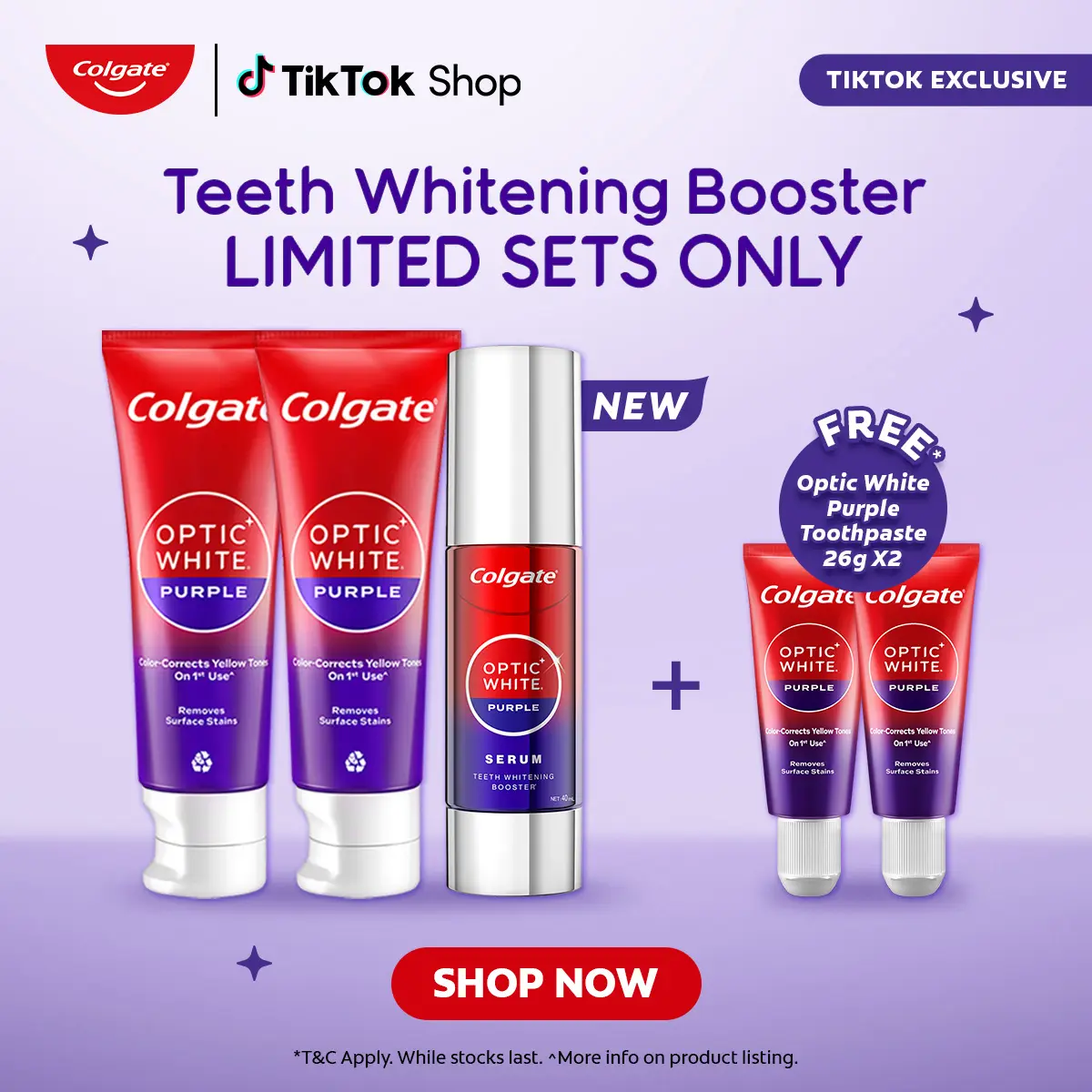 [TikTok Exclusive] COLGATE Optic White Purple Teeth Whitening Serum 40ml + Optic White Purple Toothpaste 100g x2 + FREE Optic White Purple Toothpaste 26g x2