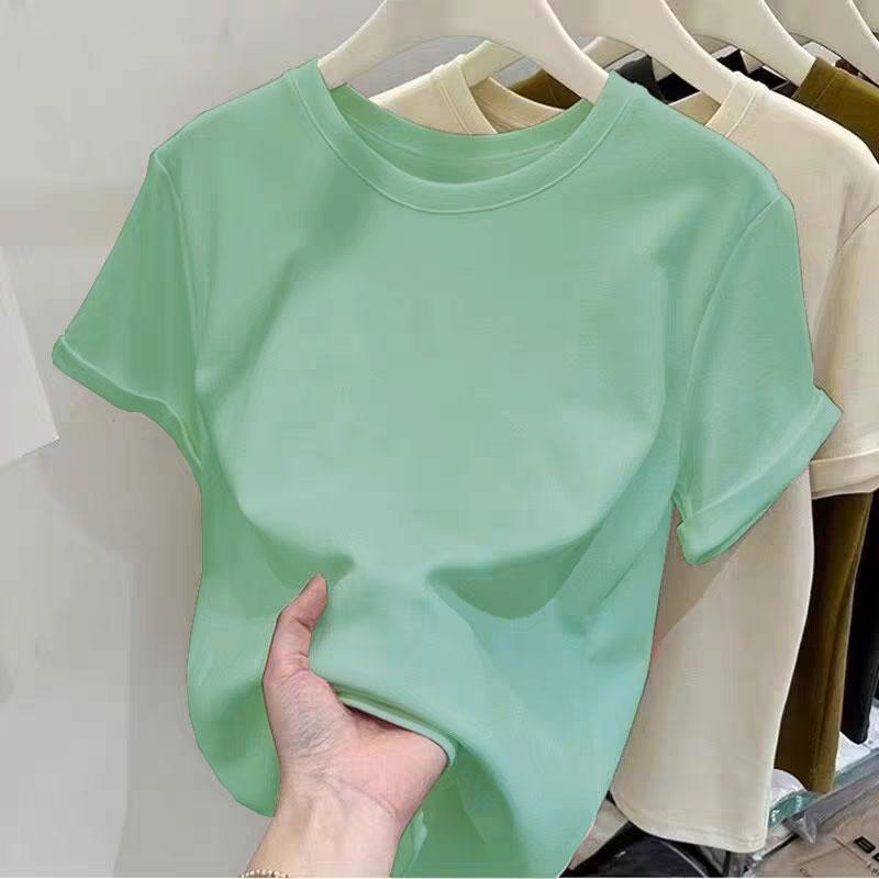 Áo Thun Ngắn Tay 100% Cotton Nguyên Chất, Màu Trơn Dành Cho Nữ, Dáng Rộng Rãi Và Dễ Phối Đồ, Cổ Tròn, Đế Vai Trước, Thích Hợp Cho Mùa Hè, Áo Trên 2