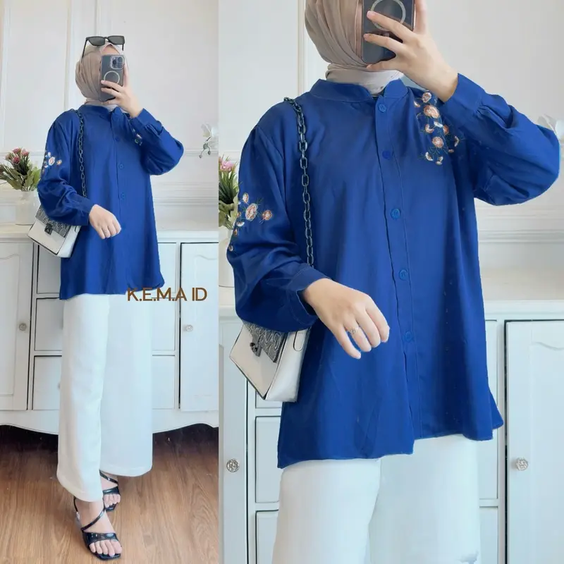 Jasmine blouse bordir bunga linen katun twill blouse wanita atasan vintage nyaman cantik full kancing Oversize Formal Panjang Lembut Santai 5
