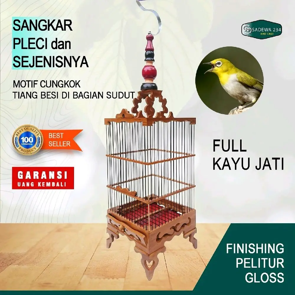 Sangkar Kayu Jati Pleci Kolibri Sogon Finishing motif ukir