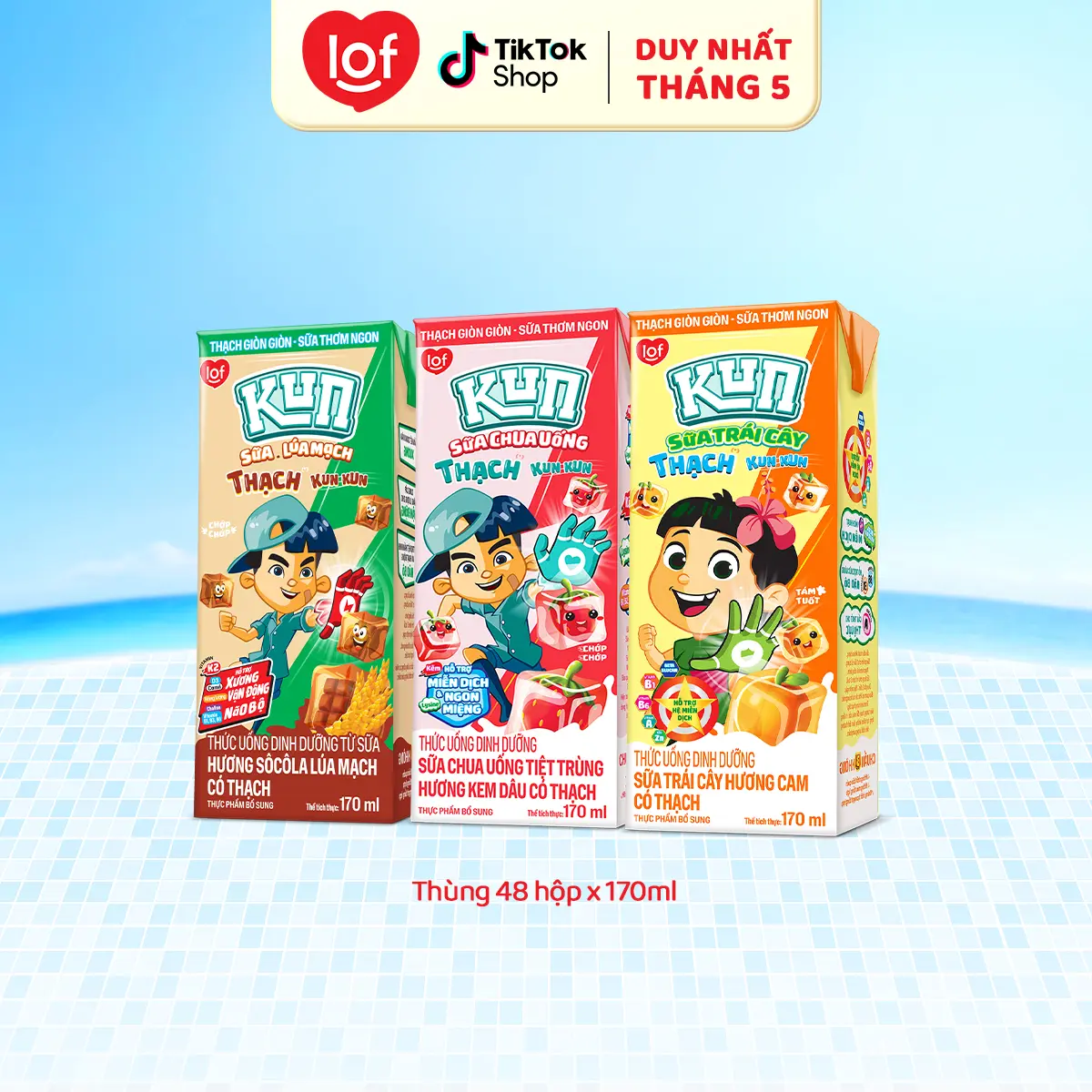 Sữa Kun có Thạch đủ vị: Socola lúa mạch, Kem Dâu, Cam (thùng 48 hộp x 170ml)-LS2