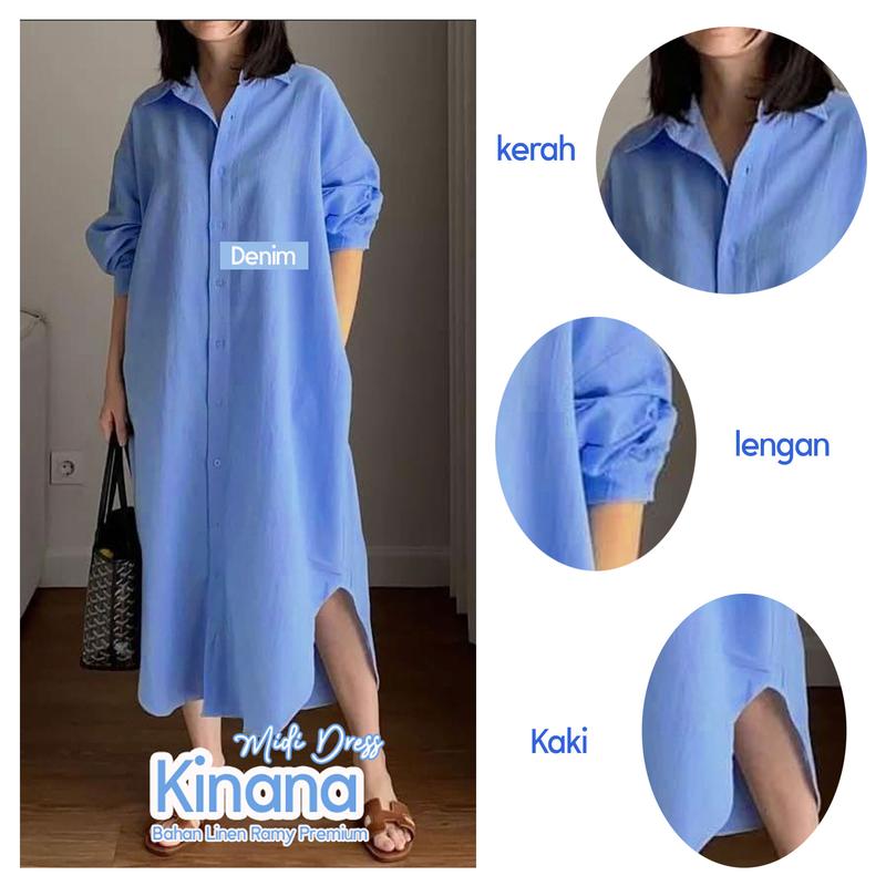 Baju Midi Kinana Korean Style Oversize LD130 Bahan Linen Rami Premium Warna Denim dan Latte 5