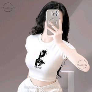 Áo Thun Croptop Basic Form Ôm Body Nữ Cổ Tròn Tay Ngắn In Hình "Silent DisOut", Kích Cở S M L, Women Sò Sen Hoa Sen Dáng Ngắn Thun
