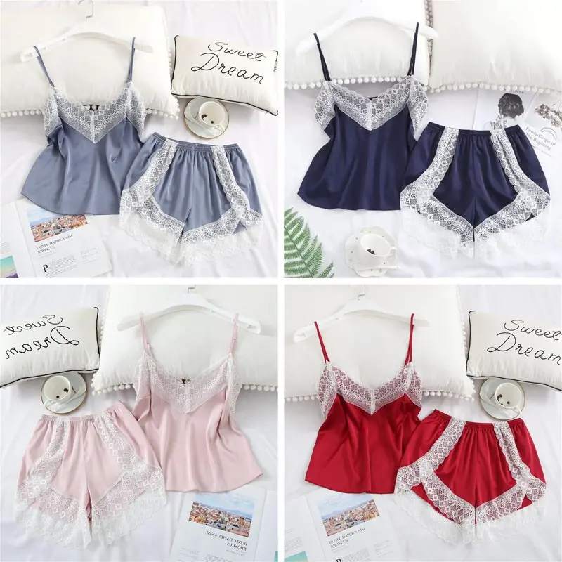 Women's Silk Satin Pajamas Set Sling Simulation Silk Pajamas Casual Wear
