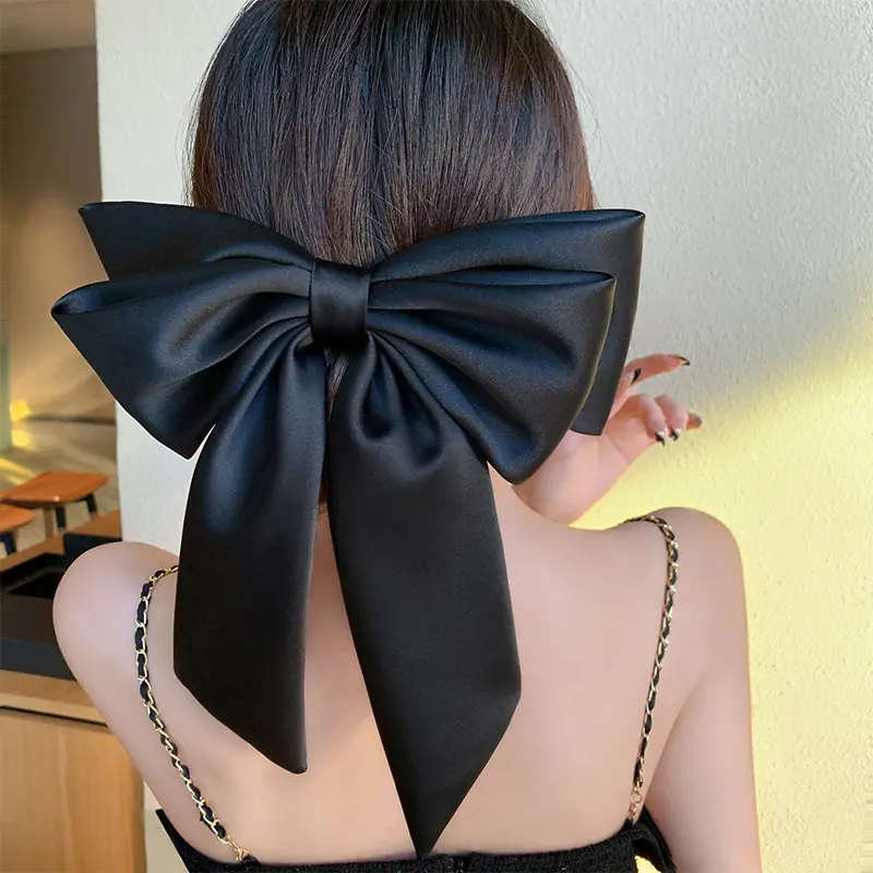 Satin large bow spring clip Premium black back hair clip