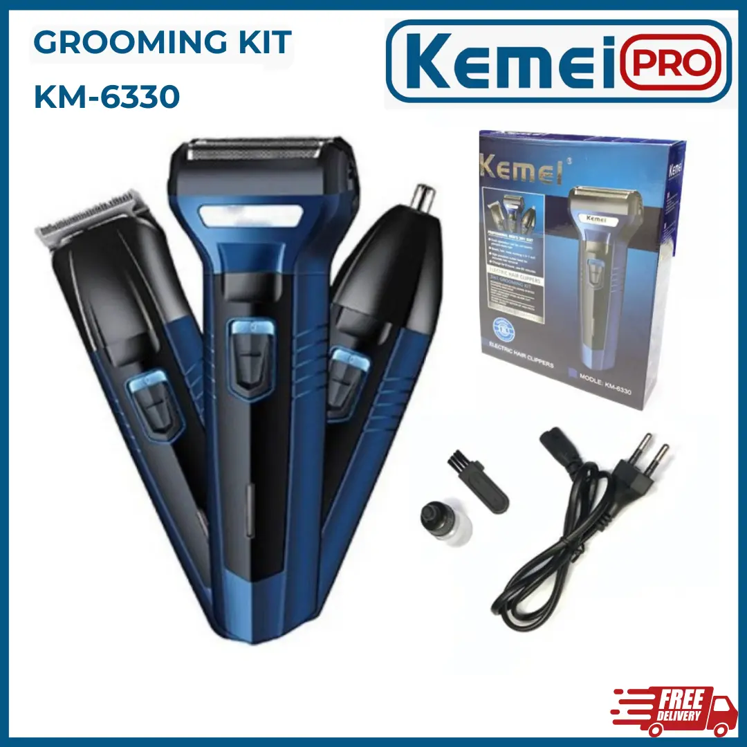 KEMEI 6330 Alat Cukur Rambut Jenggot Kumis Bulu Hidung Kemei KM-6330 3 in 1 Biru 3 Kepala Cukuran Multifungsi KM6330 Mesin Cukur