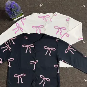 Cardigan Wanita Motif Pita Kardigan Kancing Crop Top Waffle