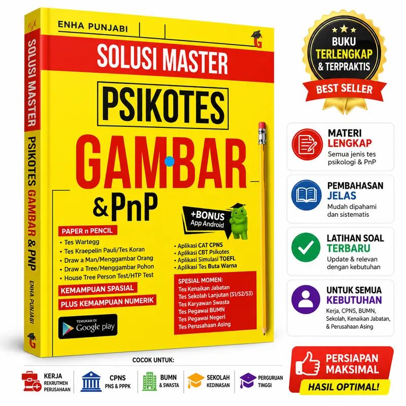 Psikotes Kerja, Gambar & PnP – Fokus Pendalaman Materi & Pembahasan Lengkap – Buku Panduan Lengkap menghadapi psikotes kerja, tes BUMN, bank, promosi jabatan, dan seleksi perusahaan dengan latihan soal serta simulasi CAT dan TOEFL.