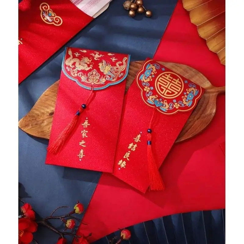 Combo 5/10 Bao lì xì  tua rua nhũ đỏ cưới hỏi lễ tết giấy kim tuyến dày