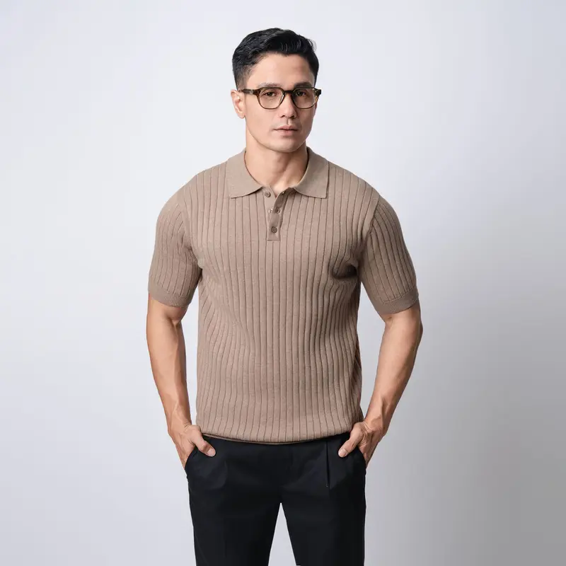 VENGOZ Polo Shirt Rajut Pria - Mens Polo Shirts Striped Light Brown 6
