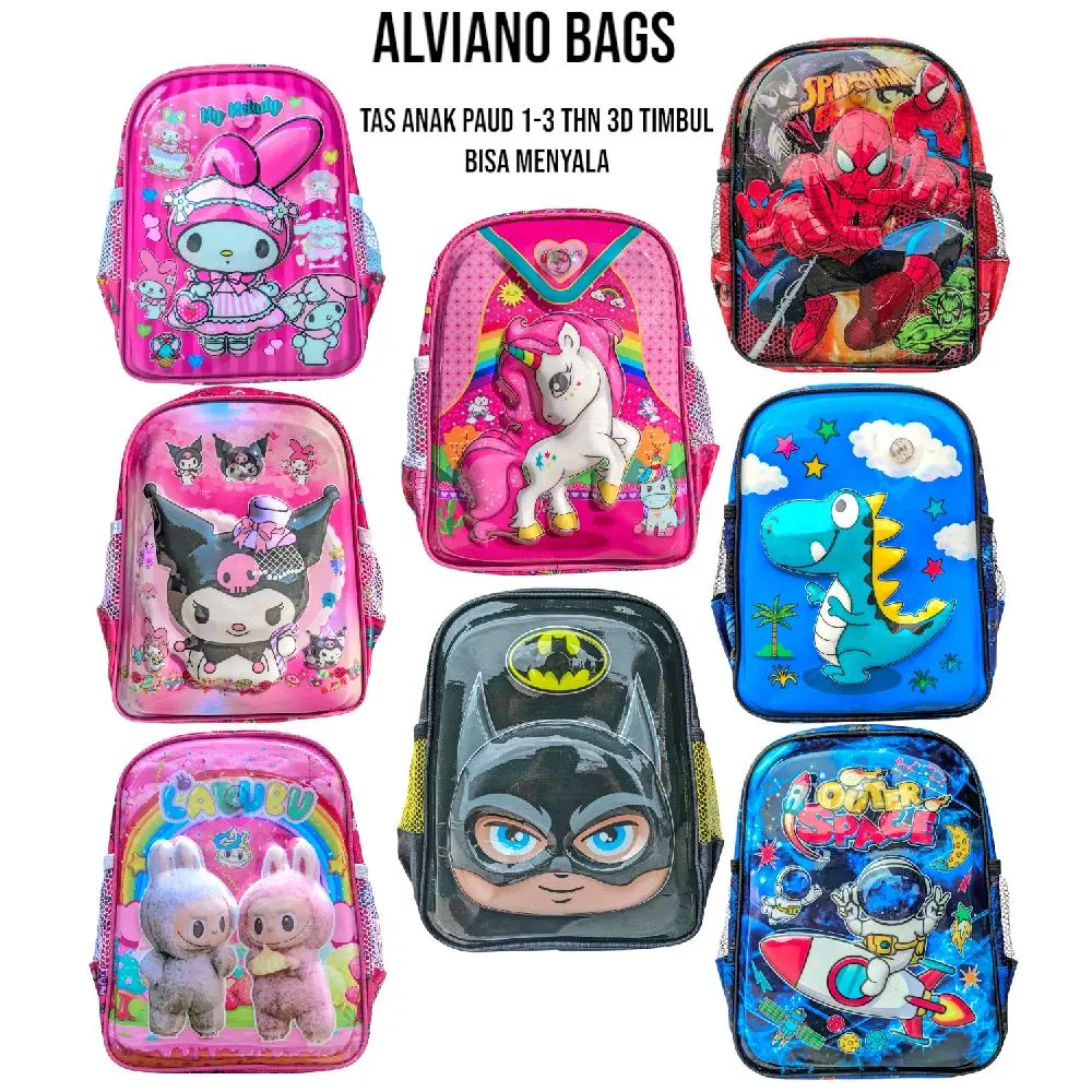 TAS SEKOLAH ANAK PAUD 3D TIMBUL LED BISA MENYALA KARAKTER LABUBU KUROMI UNICRON SPEDERMEN BATMAN.TAS ANAK RANSEL FASHION
