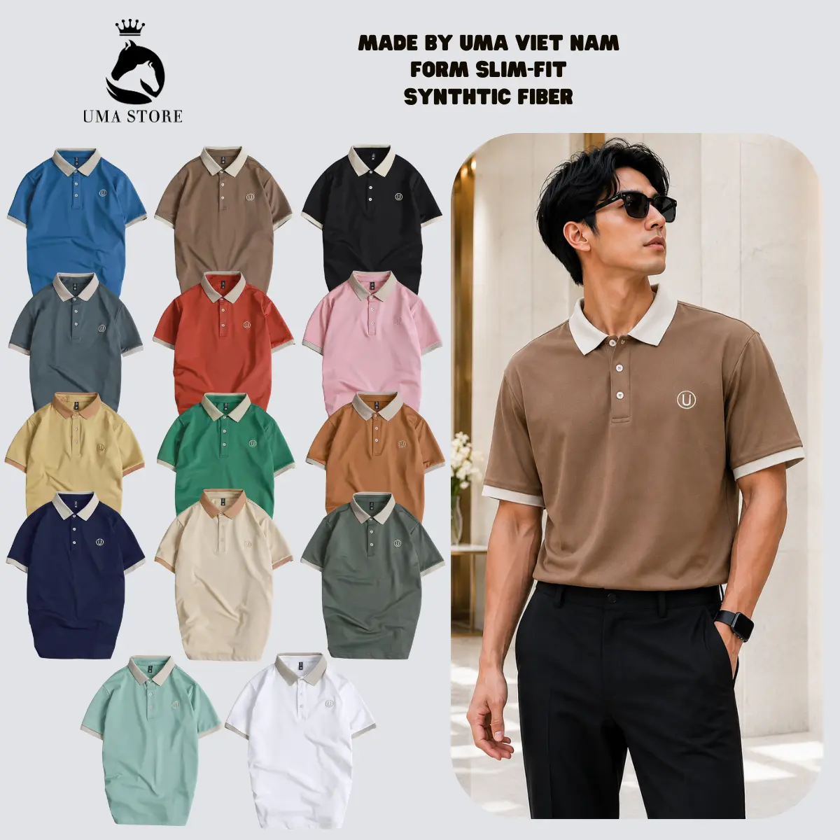 Combo 3 áo polo thêu U có cổ bẻ của nhà U.M.A hàng xuất dư xịn thanh lịch mát lim ngắn tay top thun new 25 đen be trắng Menswear Nam Tay Ngắn Shirt Cộc Tay có thể giặt máy sang trọng áo thun
