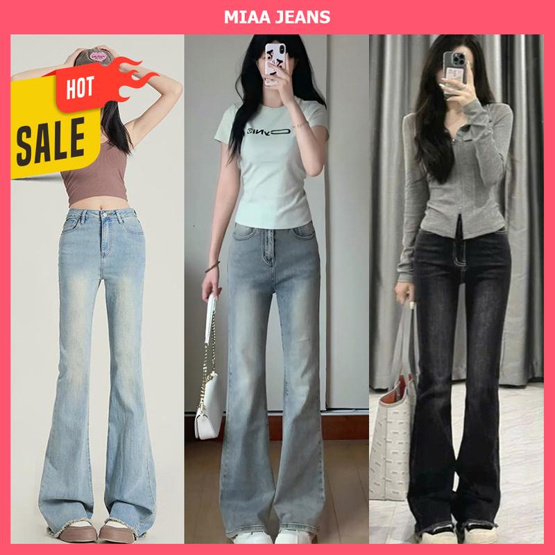 MIAA Quần Jeans Ống Loe Nữ Cạp Cao Cực Tôn Dáng - Chất Denim Co Giãn Vải Jean Co Giãn - Màu RETRO Xám Xanh Đậm Xanh Nhạt Đen - Quần Ống Loe Ôm Đùi Mã Q21 Q22
