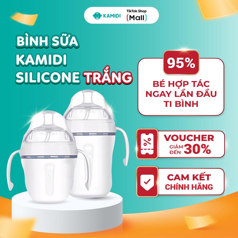 Bình sữa Kamidi chống sặc, đầy hơi, ti mọi tư thế, màu trắng chất liệu silicon trắng an toàn, siêu mềm, chống sặc, chống đầy hơi cho bé dung tích 150ml/250ml - bìnhsữa silicon KAMIDI chính hãng binh chongsac