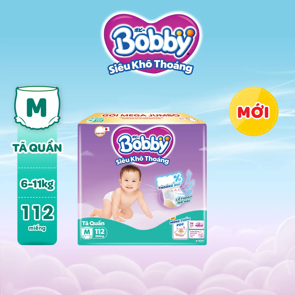 Bobby Tã bỉm quần M112/L96/XL84/XXL76 Siêu khô thoáng