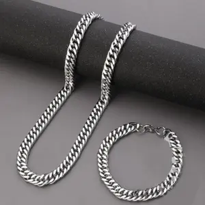 PROMO SPESIAL SATU SET GELANG DAN KALUNG RANTAI JALIN TITANIUM LAKI-LAKI DAN PEREMPUAN ANTIKARAT DAN ANTI PUDAR Aksesoris Kulit Pria Silver Wanita